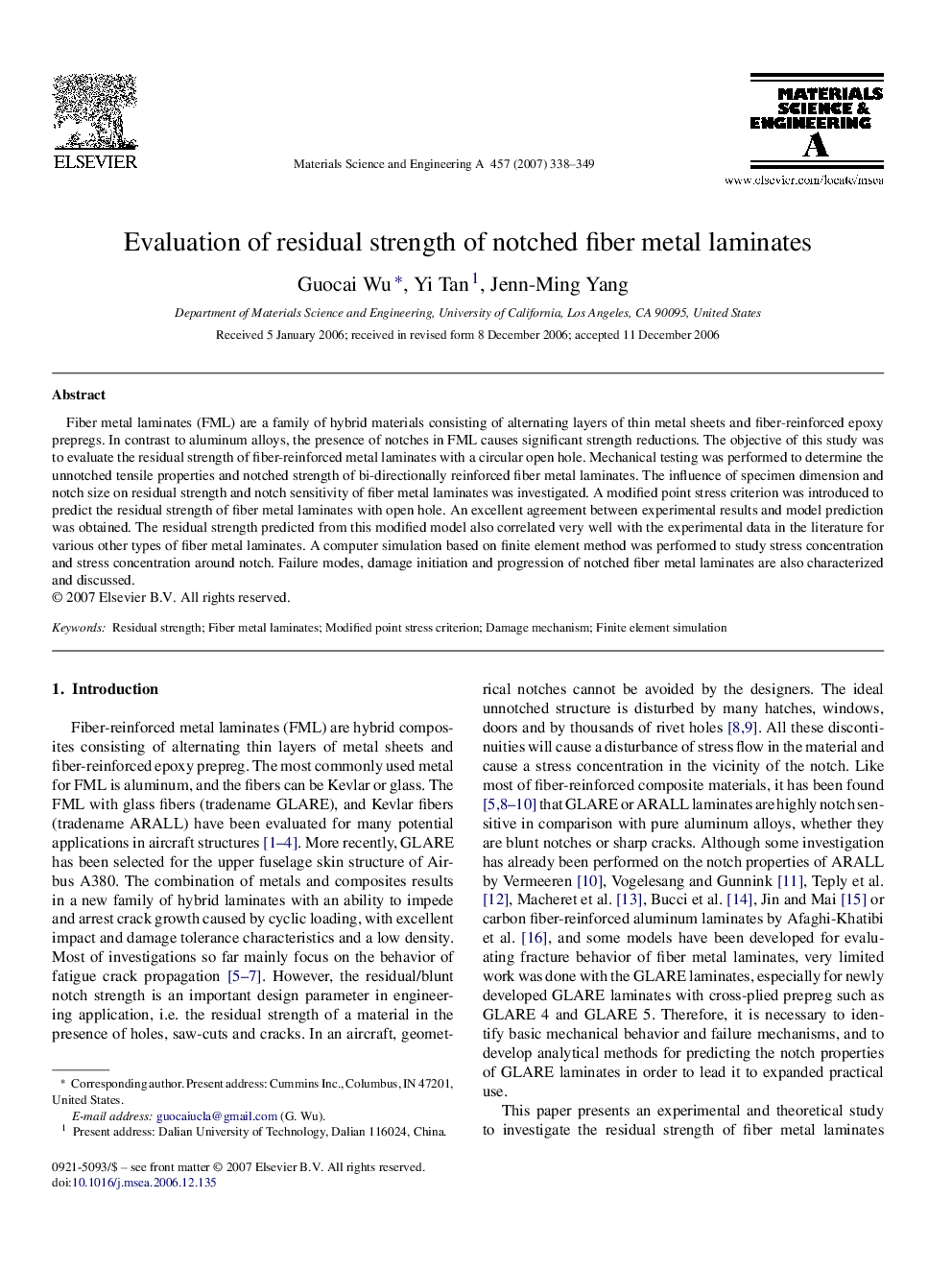 Evaluation of residual strength of notched fiber metal laminates