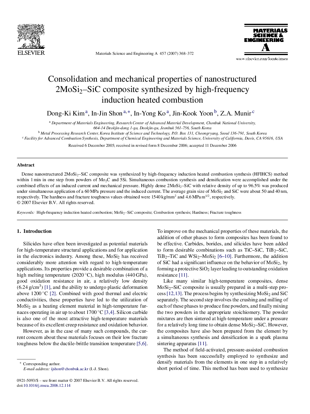 Consolidation and mechanical properties of nanostructured 2MoSi2–SiC composite synthesized by high-frequency induction heated combustion