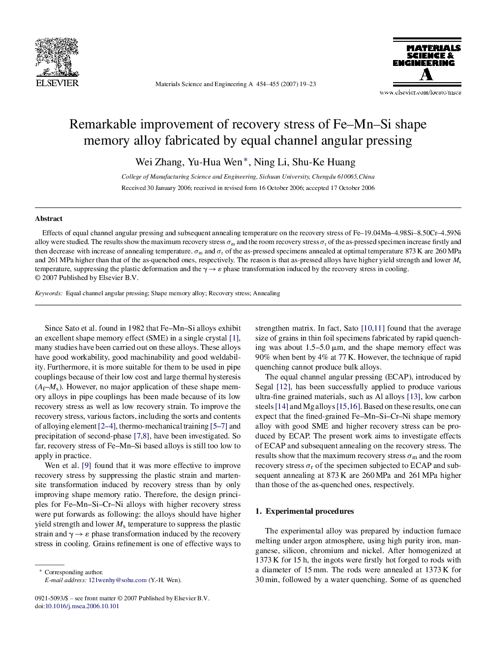 Remarkable improvement of recovery stress of Fe-Mn-Si shape memory alloy fabricated by equal channel angular pressing