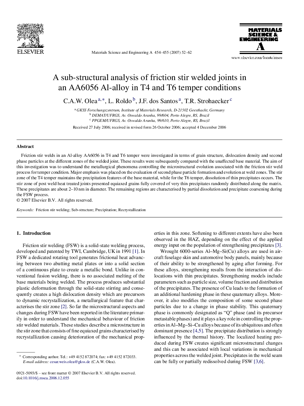 A sub-structural analysis of friction stir welded joints in an AA6056 Al-alloy in T4 and T6 temper conditions