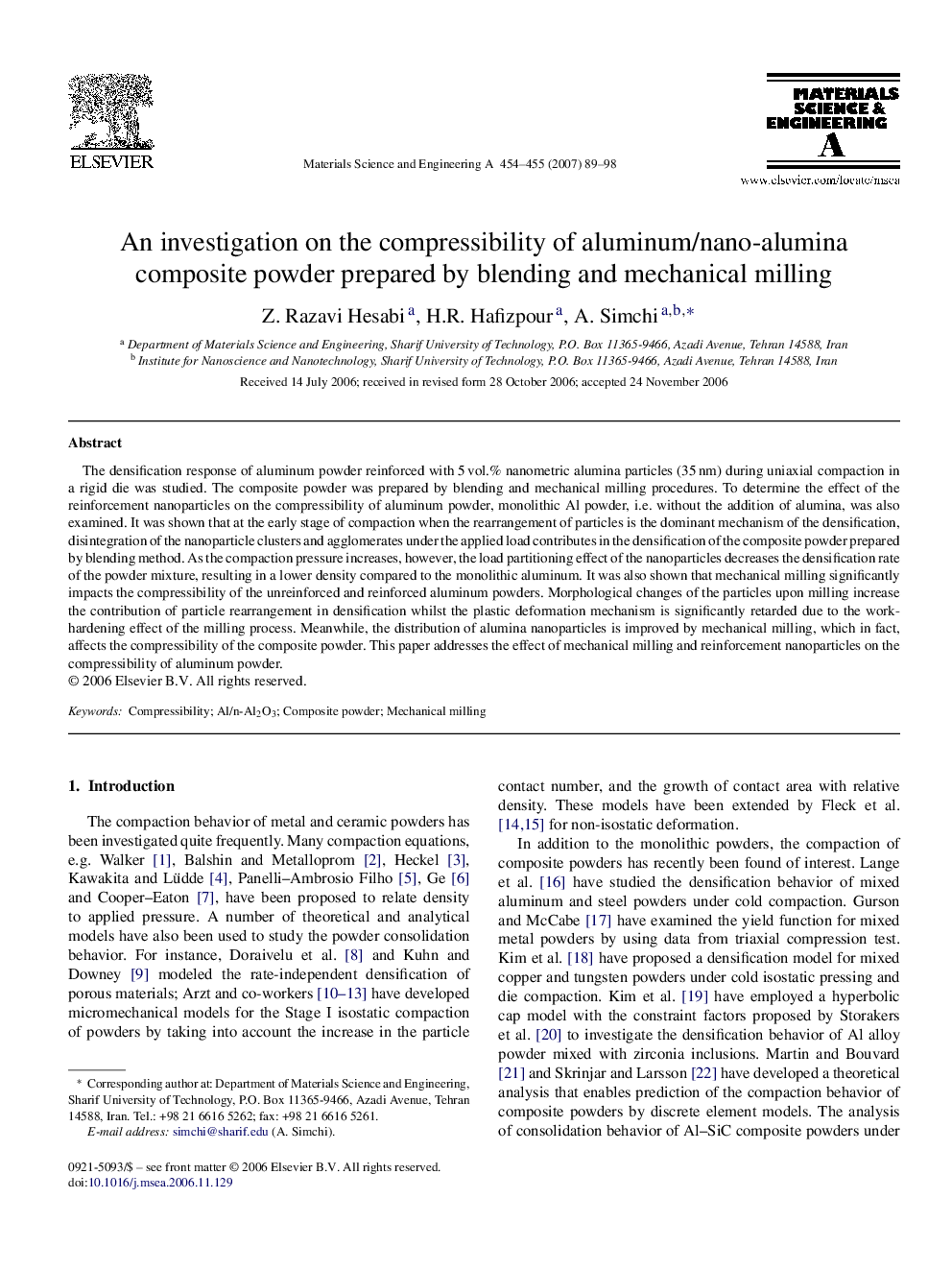 An investigation on the compressibility of aluminum/nano-alumina composite powder prepared by blending and mechanical milling