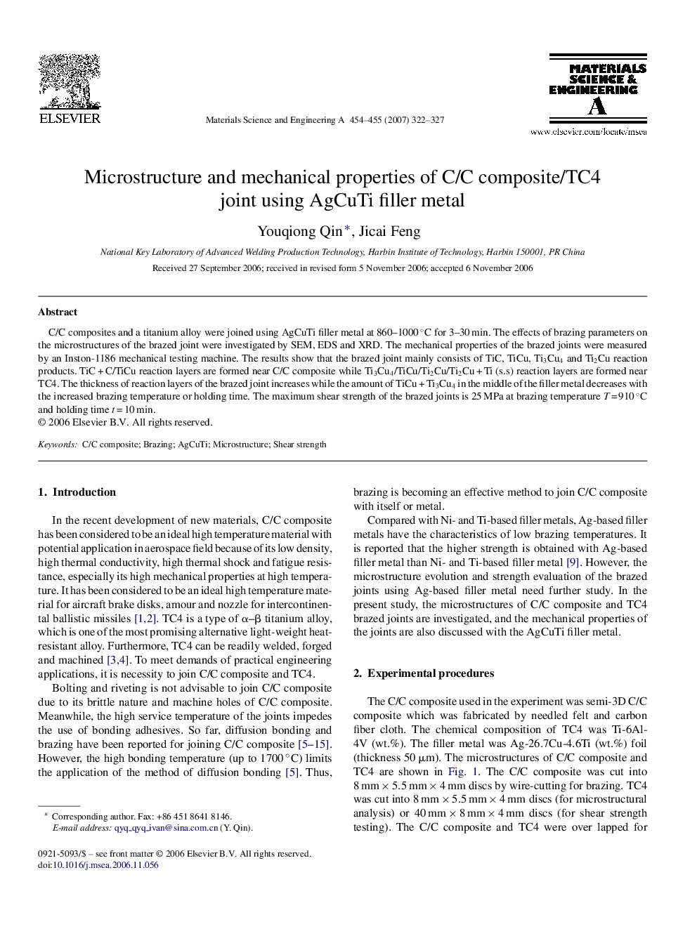 Microstructure and mechanical properties of C/C composite/TC4 joint using AgCuTi filler metal