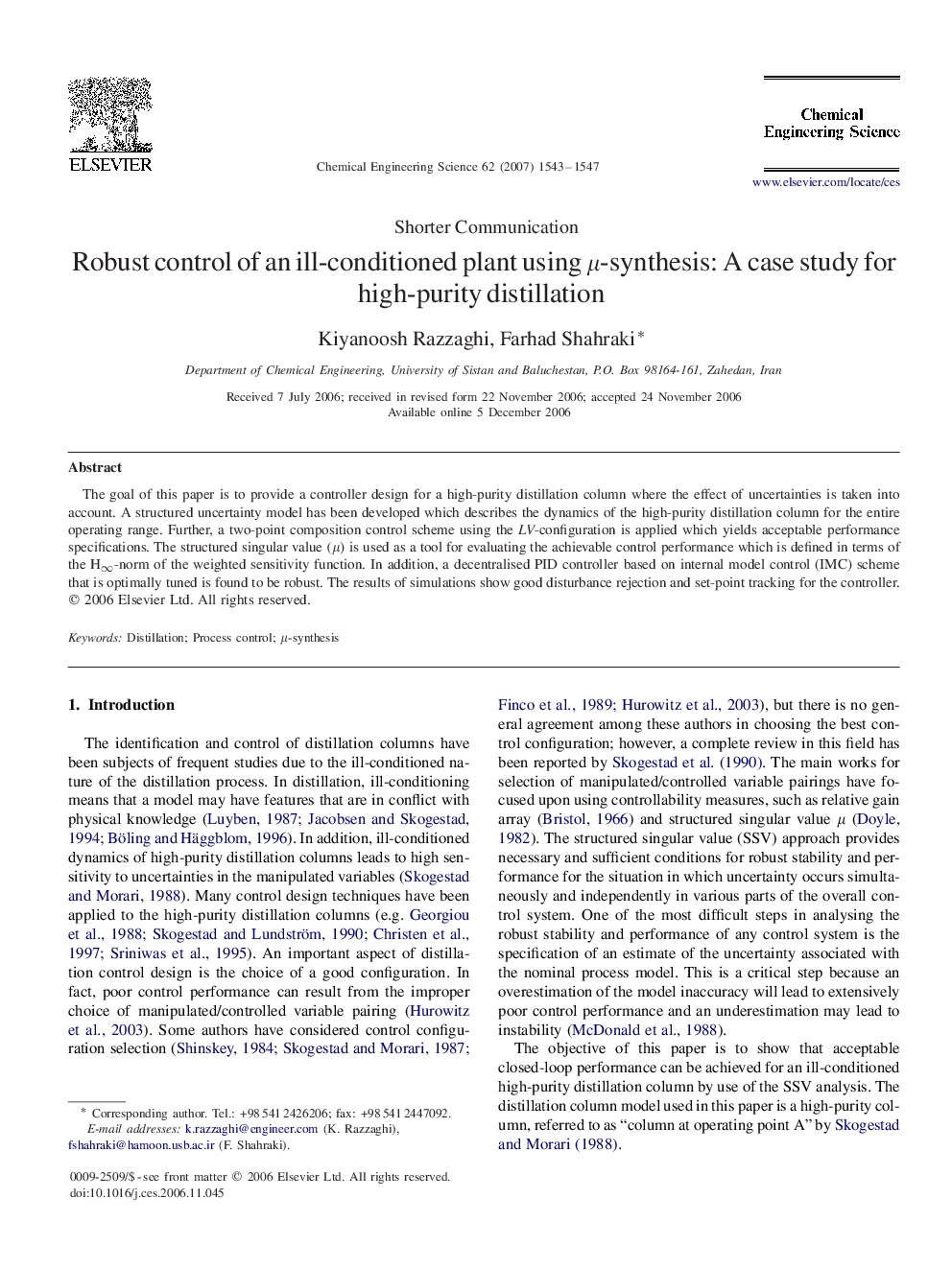 Robust control of an ill-conditioned plant using μμ-synthesis: A case study for high-purity distillation