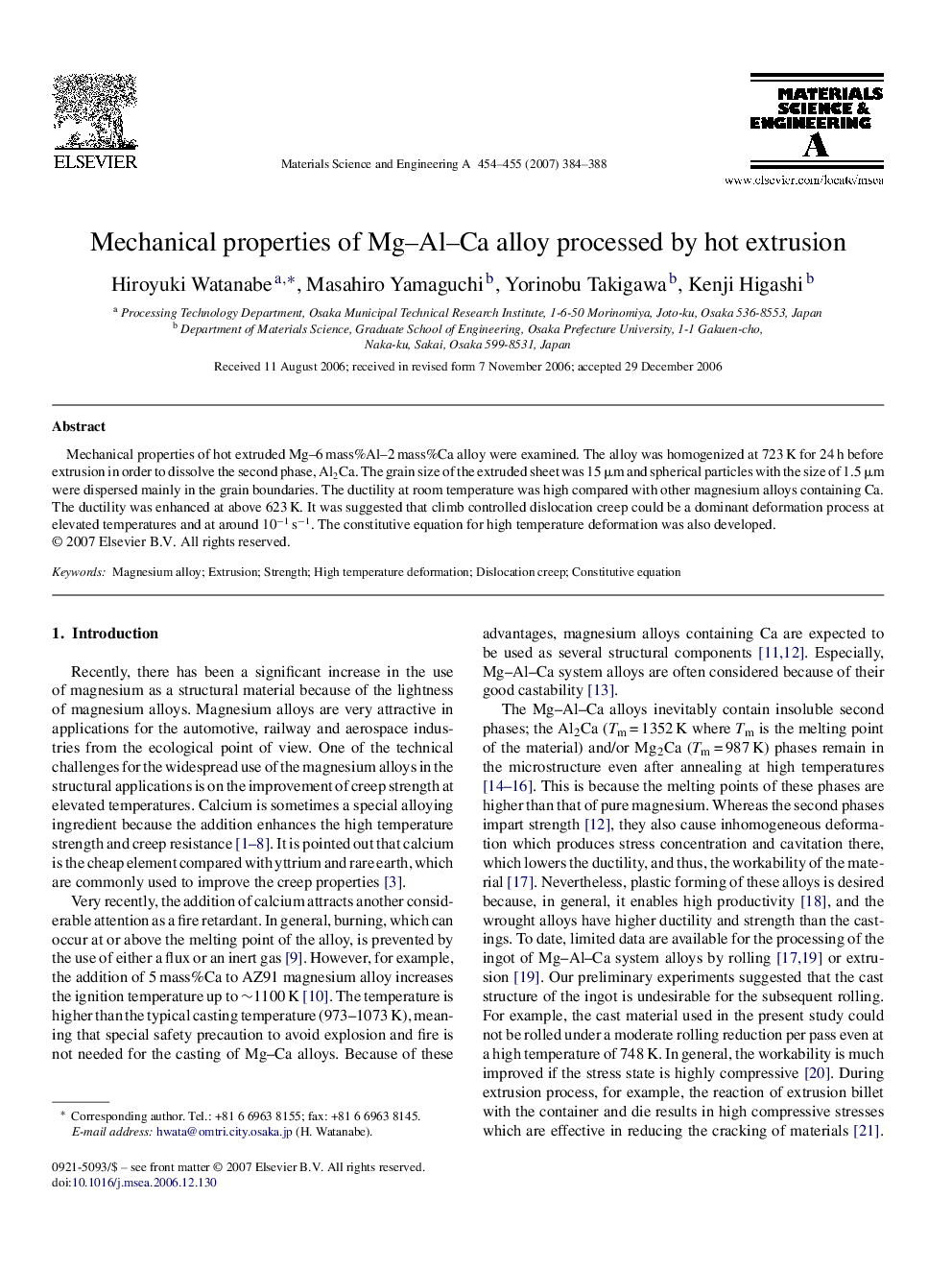 Mechanical properties of Mg–Al–Ca alloy processed by hot extrusion