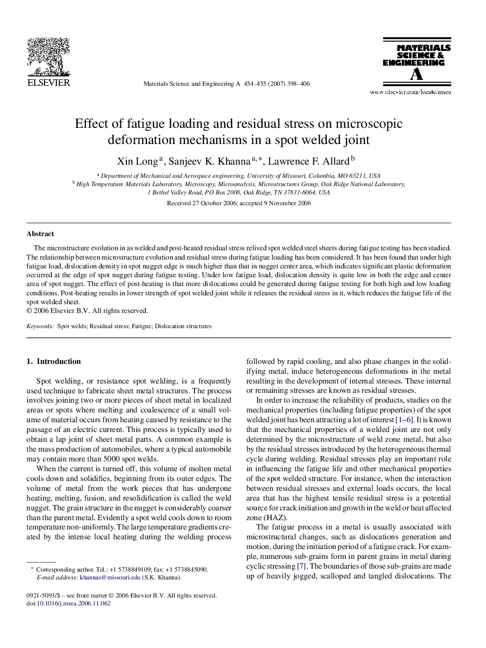 Effect of fatigue loading and residual stress on microscopic deformation mechanisms in a spot welded joint