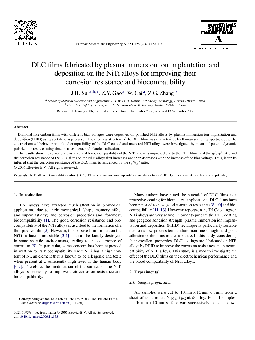 DLC films fabricated by plasma immersion ion implantation and deposition on the NiTi alloys for improving their corrosion resistance and biocompatibility