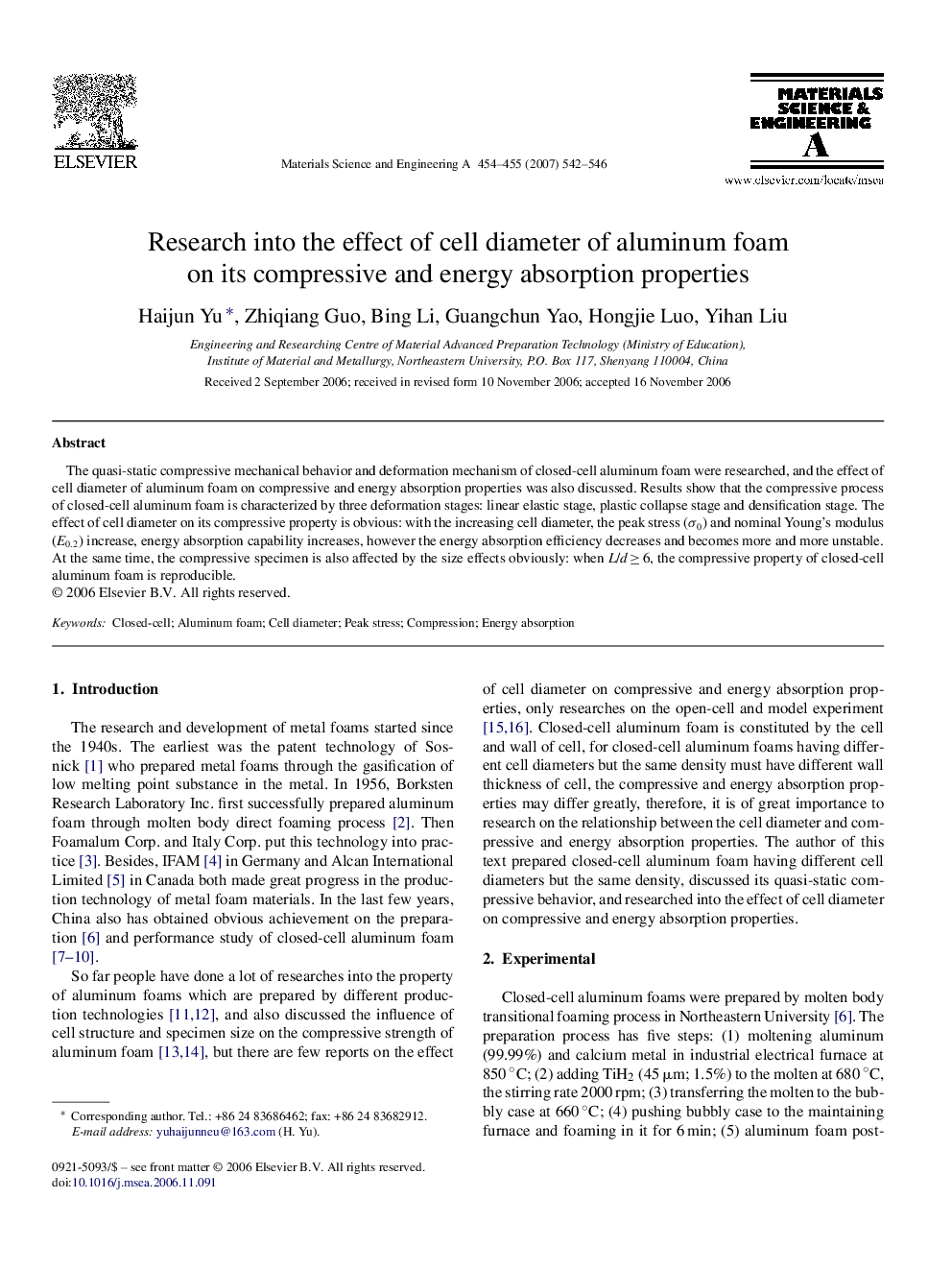 Research into the effect of cell diameter of aluminum foam on its compressive and energy absorption properties