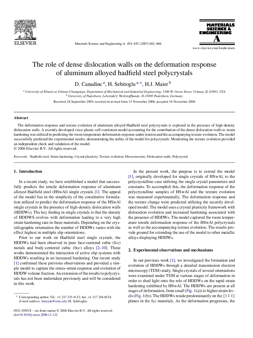 عکس صفحه اول مقاله: The role of dense dislocation walls on the deformation response of aluminum alloyed hadfield steel polycrystals The role of dense dislocation walls on the deformation response of aluminum alloyed hadfield steel polycrystals