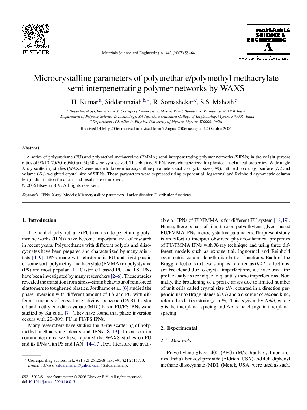 Microcrystalline parameters of polyurethane/polymethyl methacrylate semi interpenetrating polymer networks by WAXS