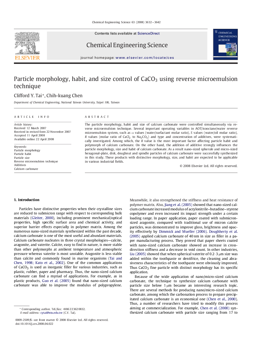 Particle morphology, habit, and size control of CaCO3CaCO3 using reverse microemulsion technique