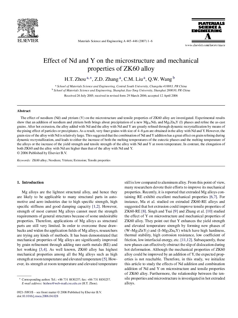 Effect of Nd and Y on the microstructure and mechanical properties of ZK60 alloy