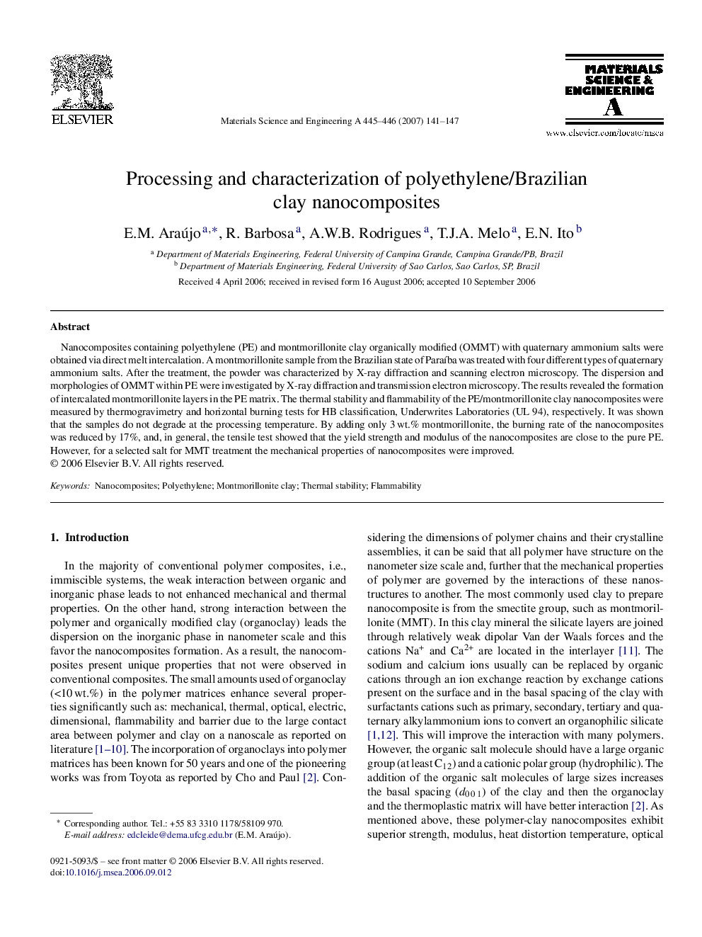 Processing and characterization of polyethylene/Brazilian clay nanocomposites