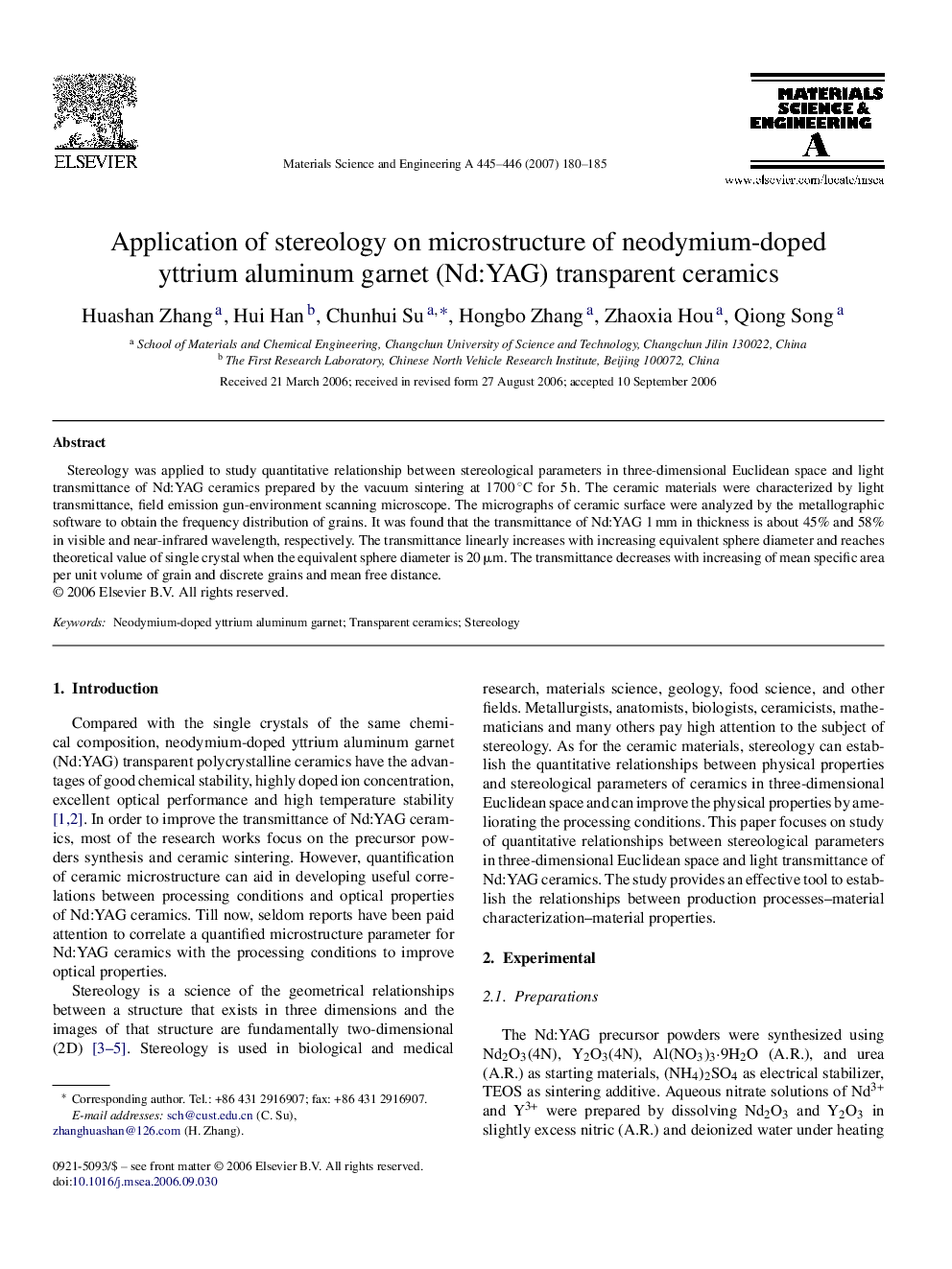 Application of stereology on microstructure of neodymium-doped yttrium aluminum garnet (Nd:YAG) transparent ceramics