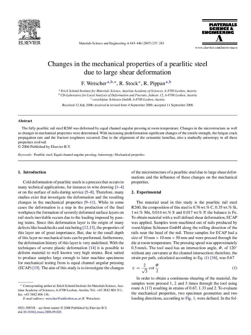 Changes in the mechanical properties of a pearlitic steel due to large shear deformation