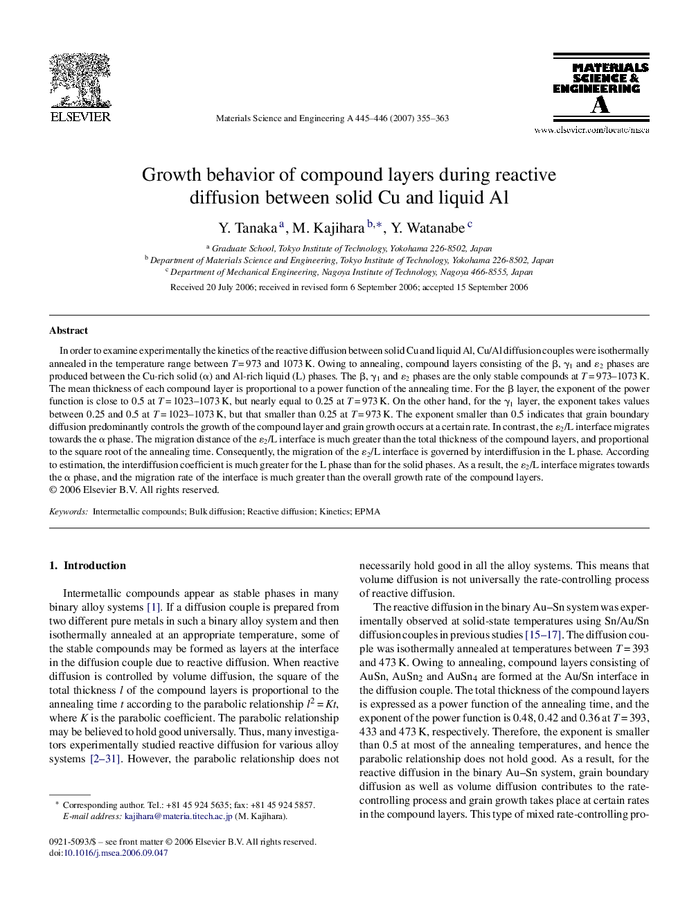 Growth behavior of compound layers during reactive diffusion between solid Cu and liquid Al