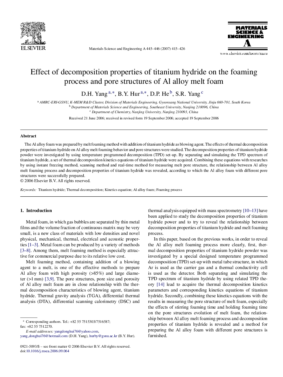 Effect of decomposition properties of titanium hydride on the foaming process and pore structures of Al alloy melt foam