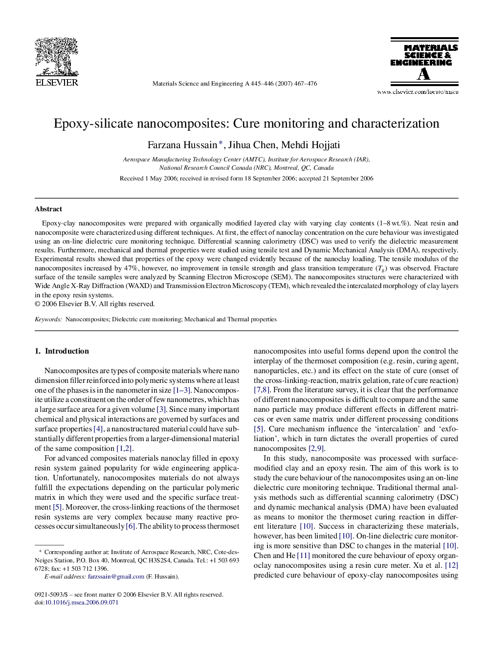 Epoxy-silicate nanocomposites: Cure monitoring and characterization