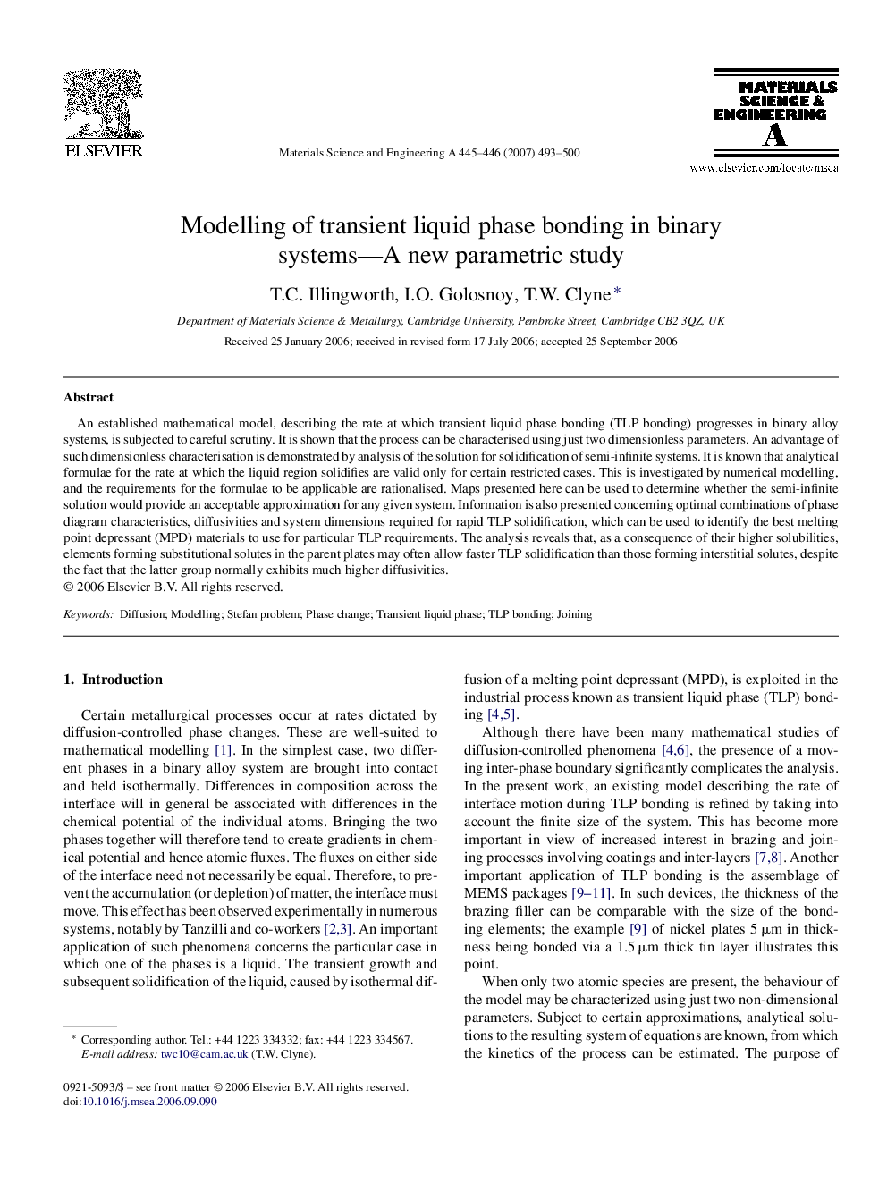 Modelling of transient liquid phase bonding in binary systems—A new parametric study