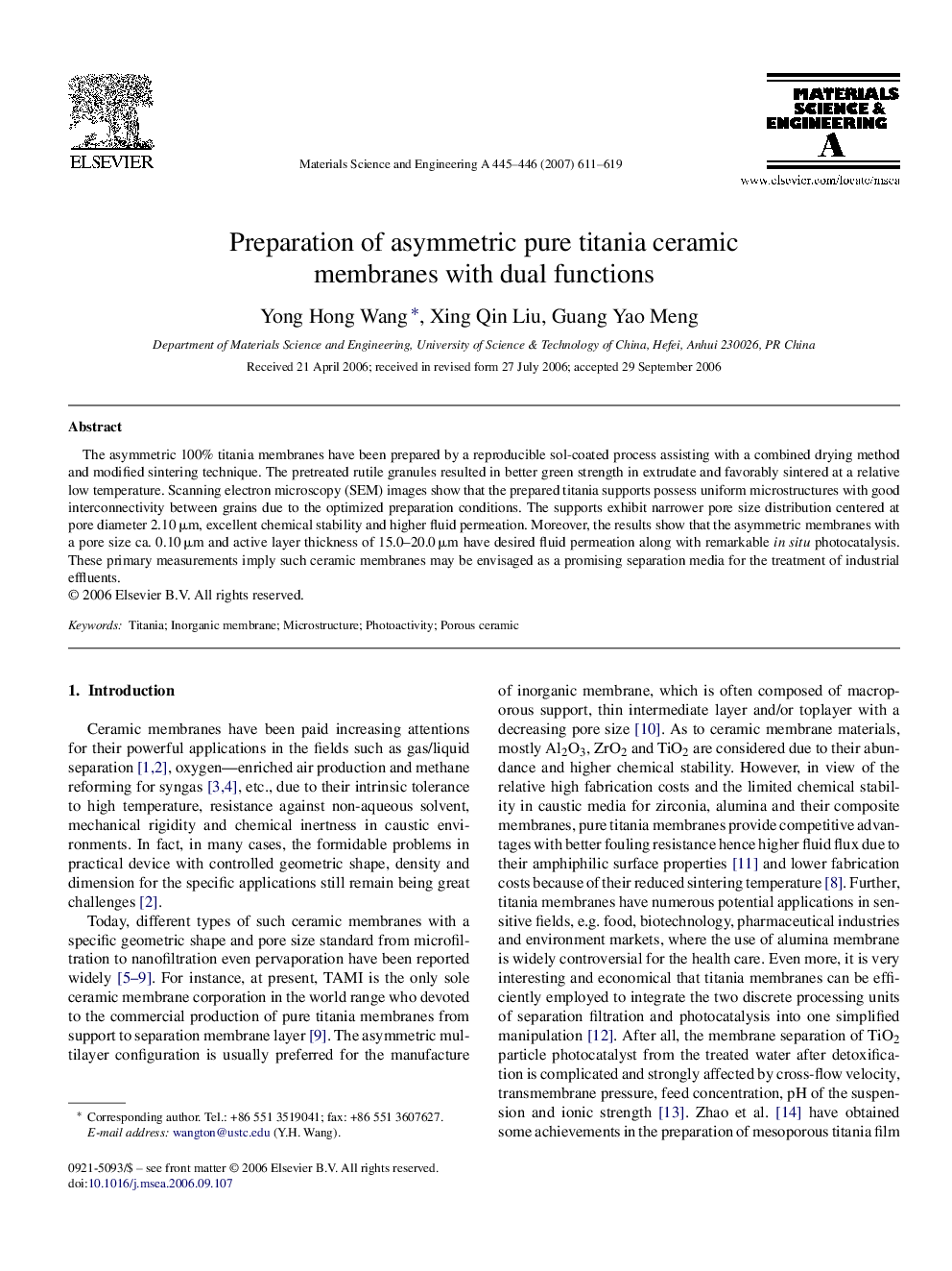 Preparation of asymmetric pure titania ceramic membranes with dual functions