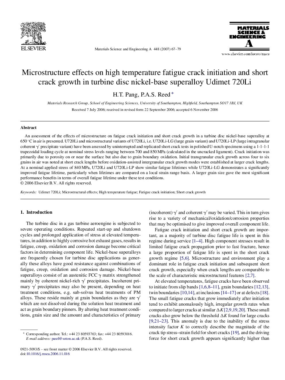 Microstructure effects on high temperature fatigue crack initiation and short crack growth in turbine disc nickel-base superalloy Udimet 720Li