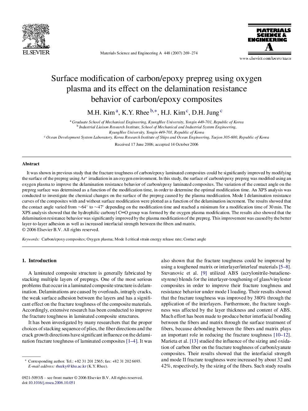 Surface modification of carbon/epoxy prepreg using oxygen plasma and its effect on the delamination resistance behavior of carbon/epoxy composites