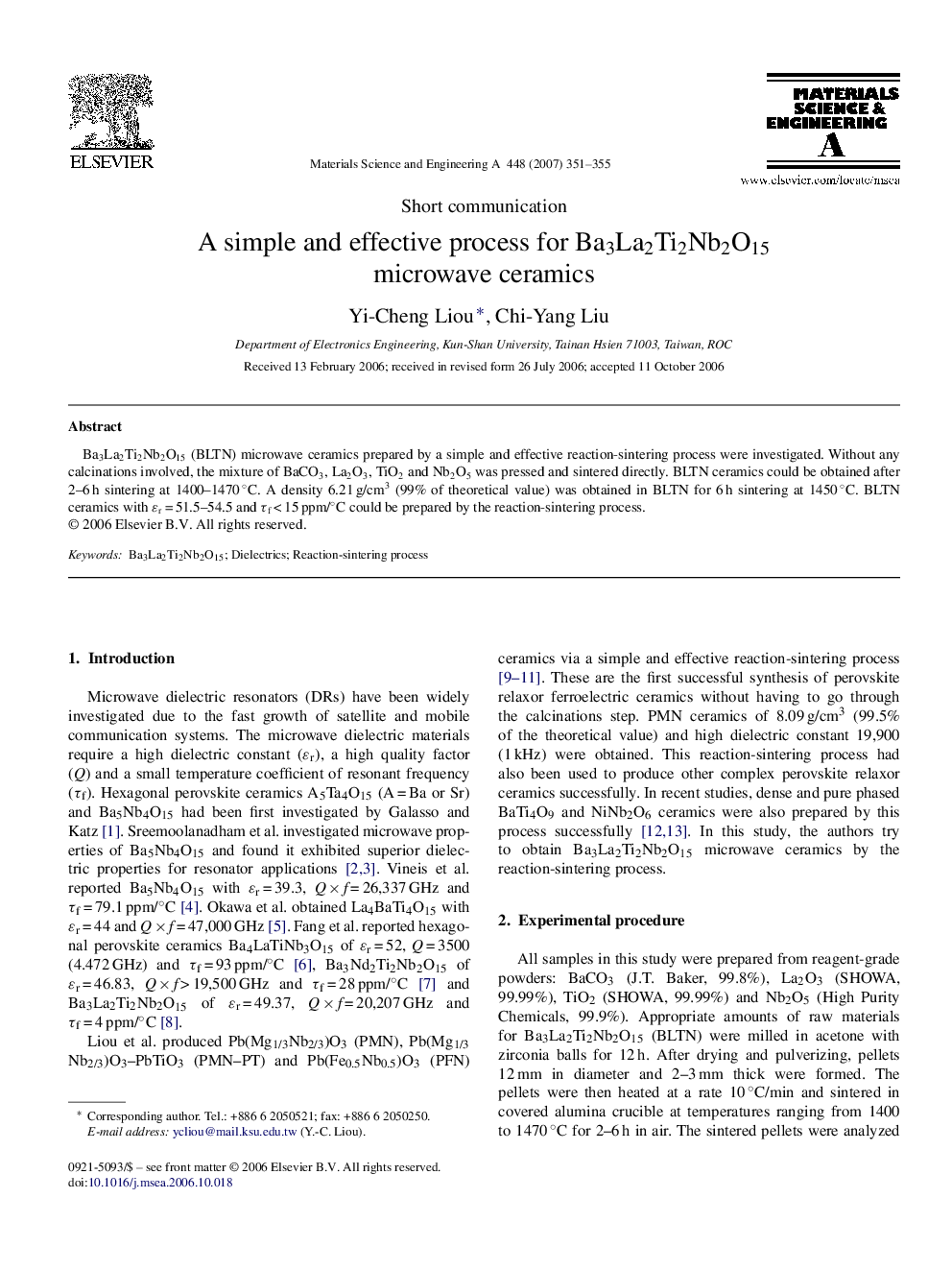 A simple and effective process for Ba3La2Ti2Nb2O15 microwave ceramics