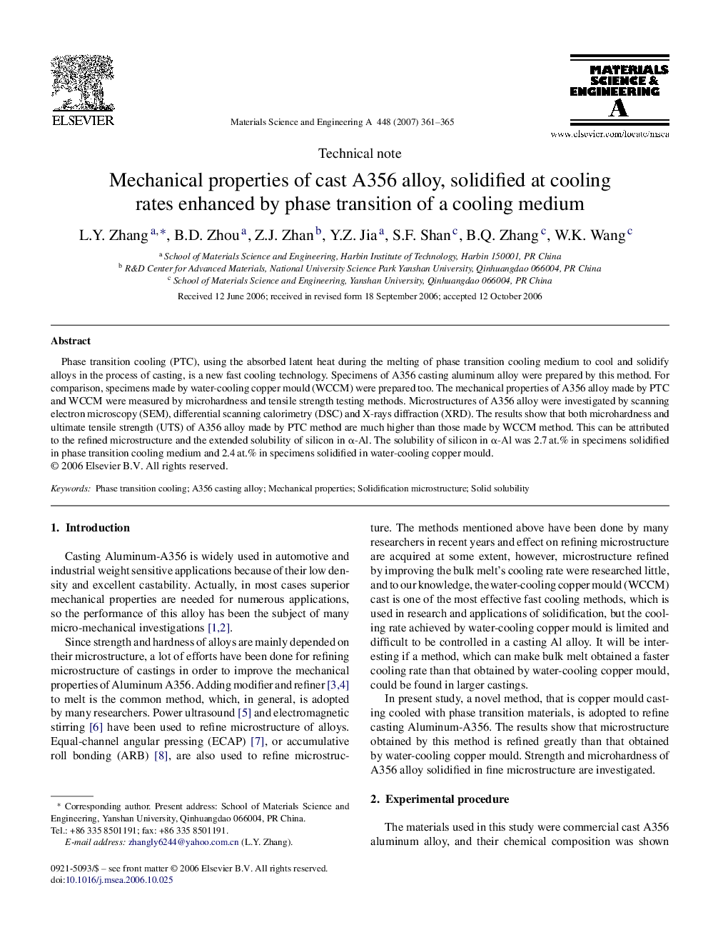 Mechanical properties of cast A356 alloy, solidified at cooling rates enhanced by phase transition of a cooling medium