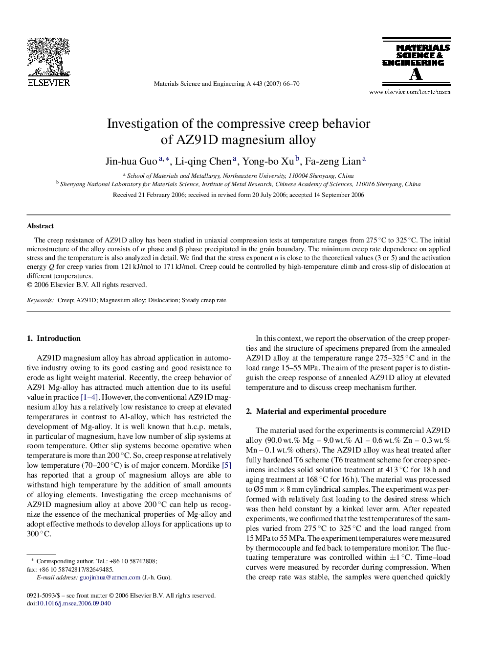 Investigation of the compressive creep behavior of AZ91D magnesium alloy