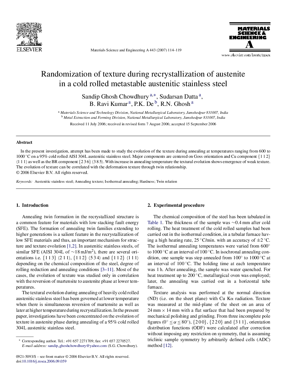 Randomization of texture during recrystallization of austenite in a cold rolled metastable austenitic stainless steel