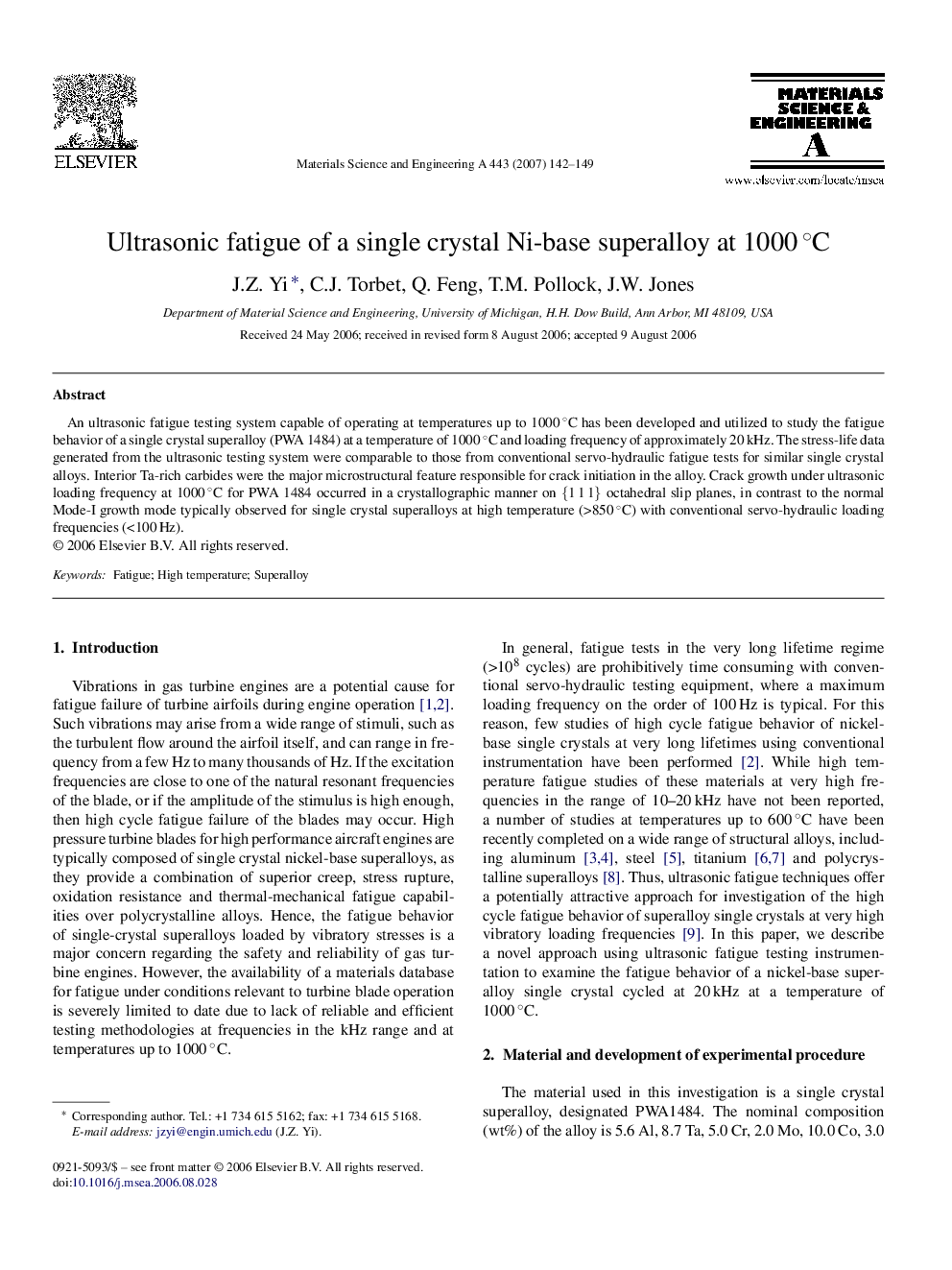 Ultrasonic fatigue of a single crystal Ni-base superalloy at 1000 °C