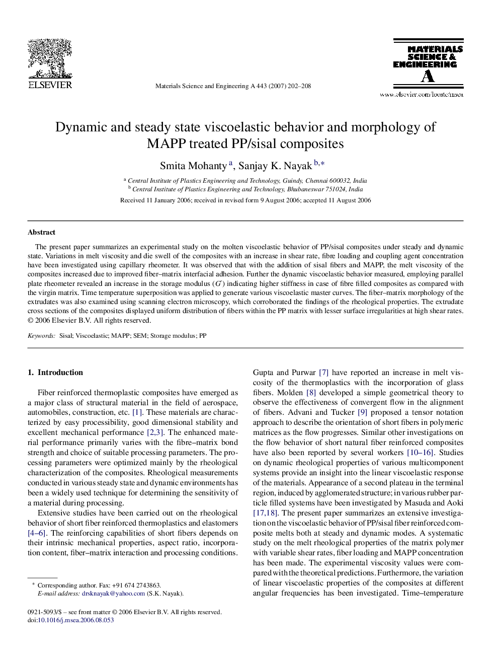 Dynamic and steady state viscoelastic behavior and morphology of MAPP treated PP/sisal composites