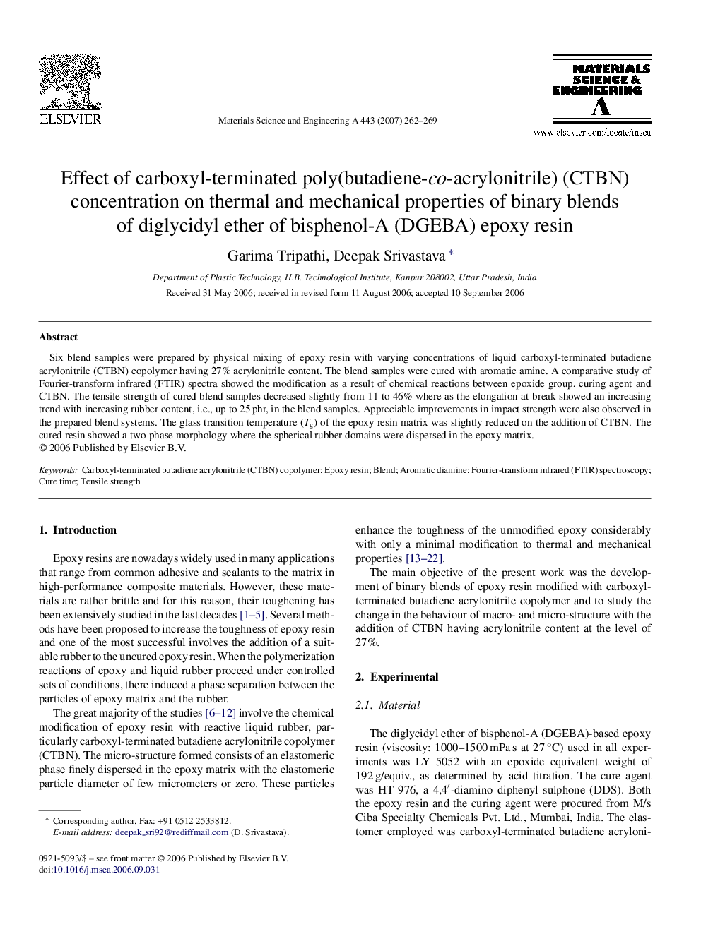 Effect of carboxyl-terminated poly(butadiene-co-acrylonitrile) (CTBN) concentration on thermal and mechanical properties of binary blends of diglycidyl ether of bisphenol-A (DGEBA) epoxy resin