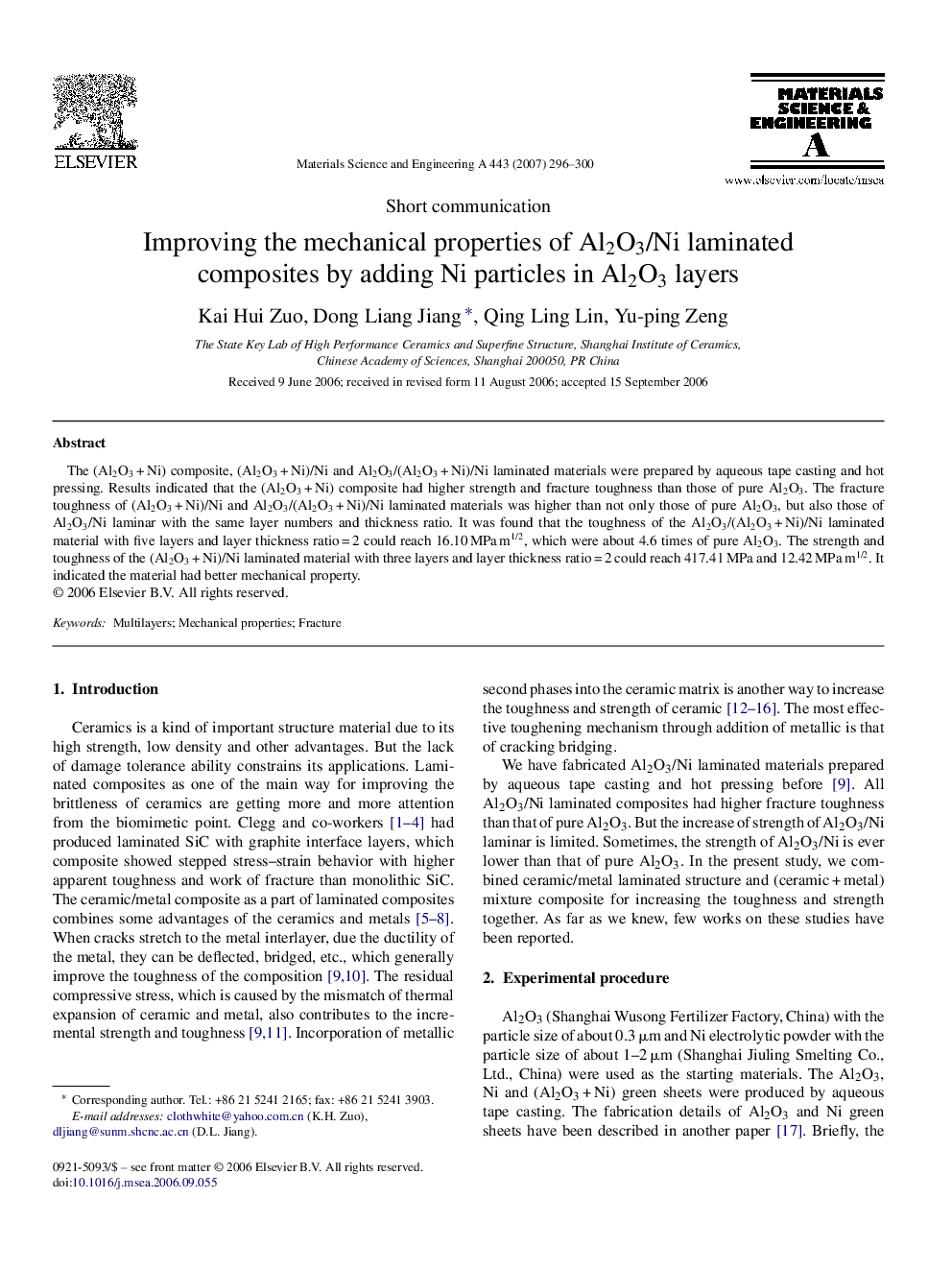 Improving the mechanical properties of Al2O3/Ni laminated composites by adding Ni particles in Al2O3 layers