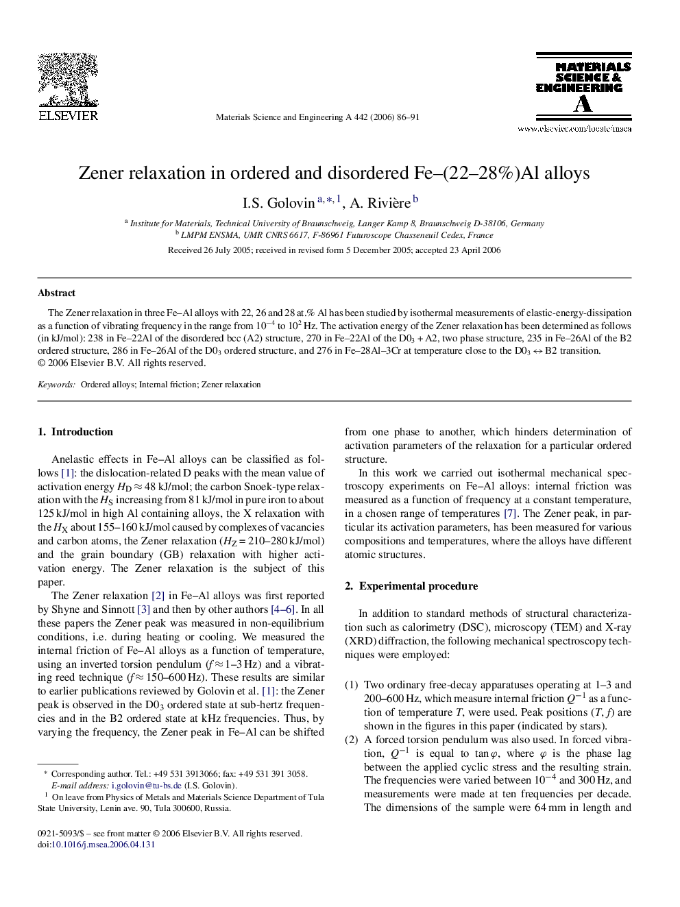 Zener relaxation in ordered and disordered Fe–(22–28%)Al alloys