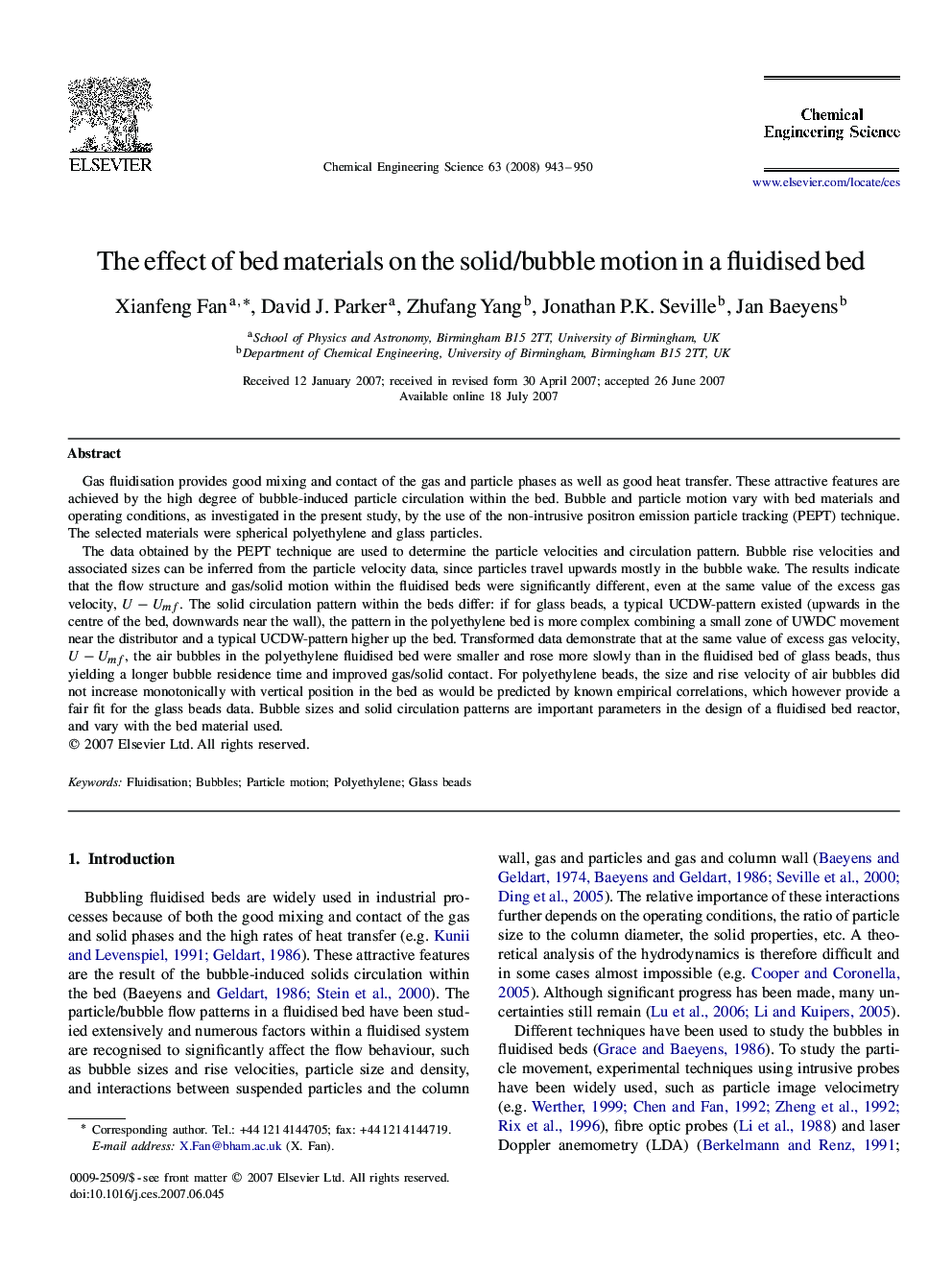 The effect of bed materials on the solid/bubble motion in a fluidised bed