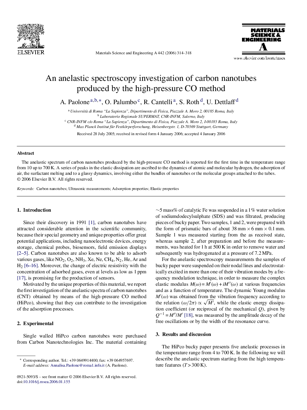 An anelastic spectroscopy investigation of carbon nanotubes produced by the high-pressure CO method