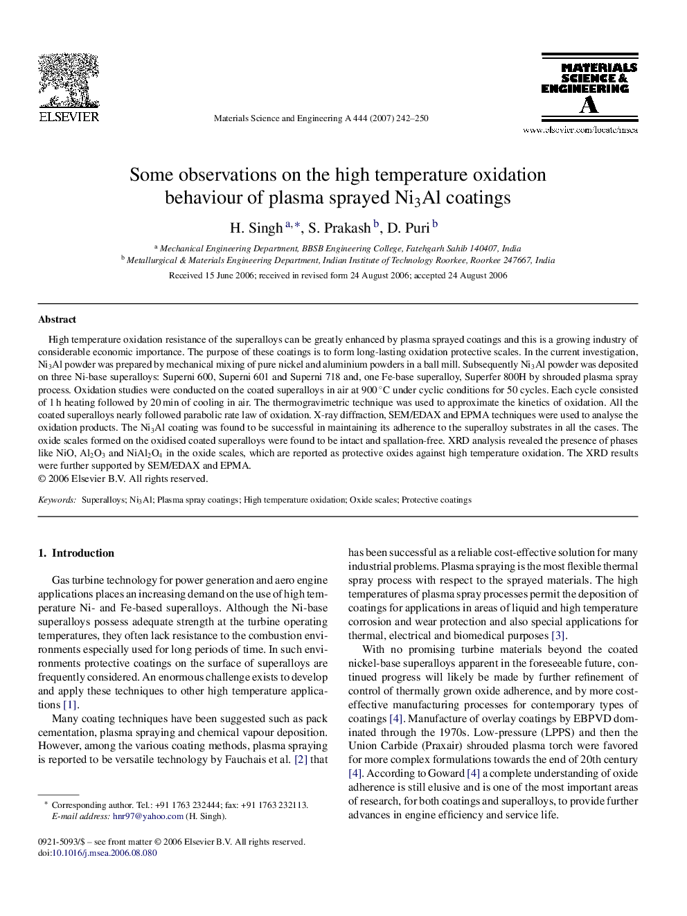 Some observations on the high temperature oxidation behaviour of plasma sprayed Ni3Al coatings