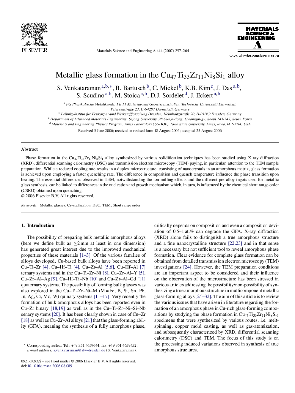 Metallic glass formation in the Cu47Ti33Zr11Ni8Si1 alloy