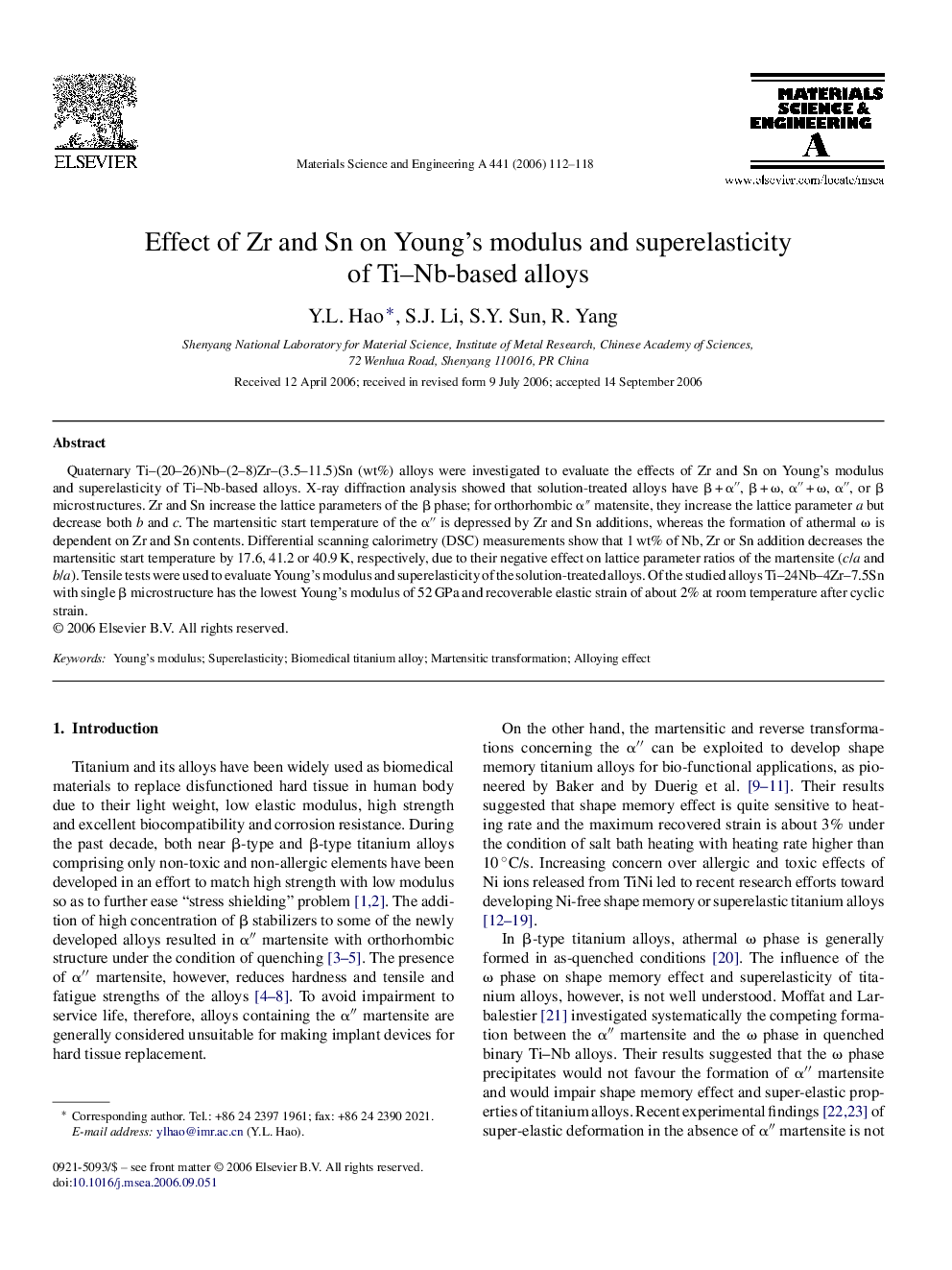 Effect of Zr and Sn on Young's modulus and superelasticity of Ti–Nb-based alloys