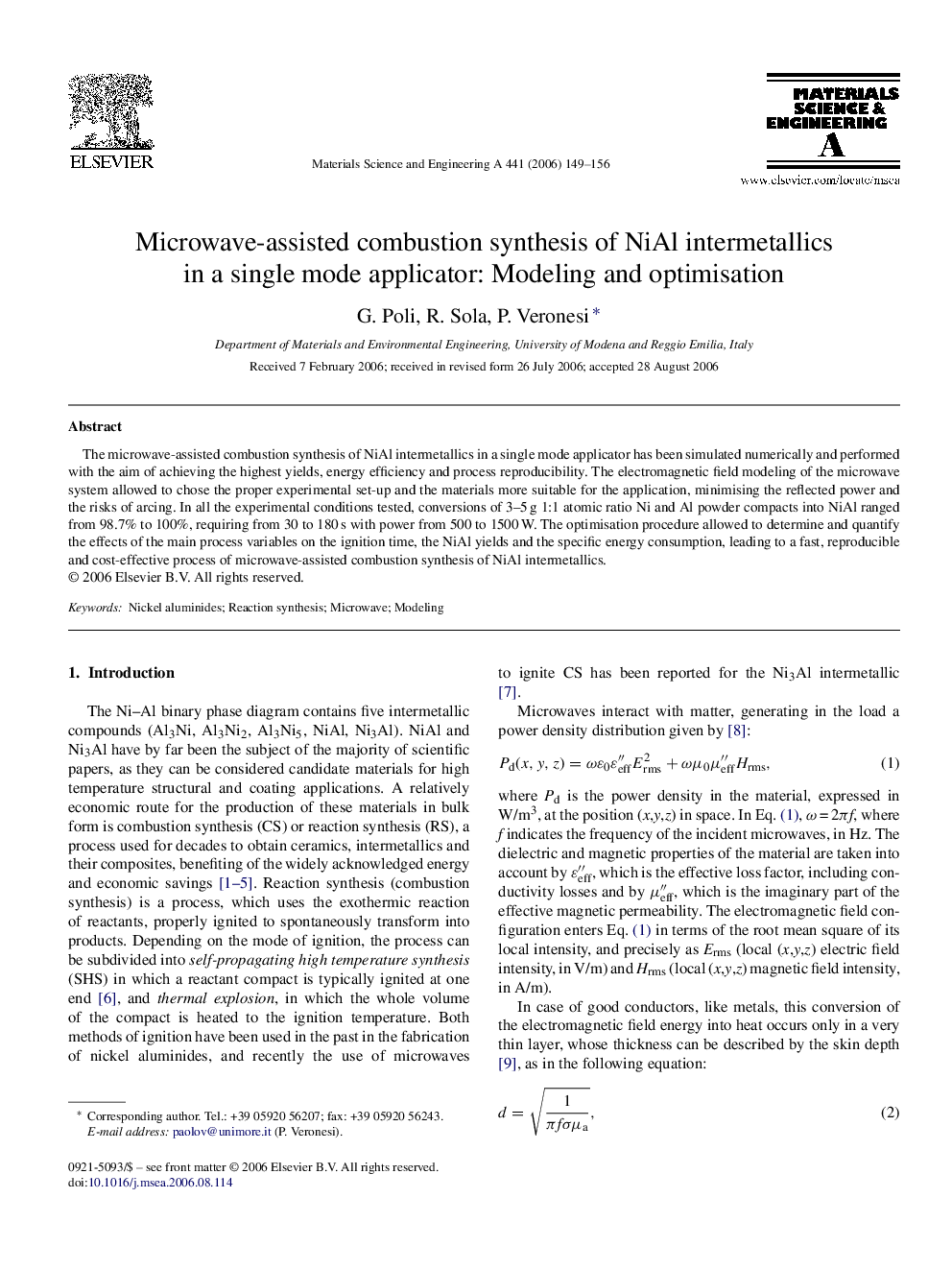 Microwave-assisted combustion synthesis of NiAl intermetallics in a single mode applicator: Modeling and optimisation