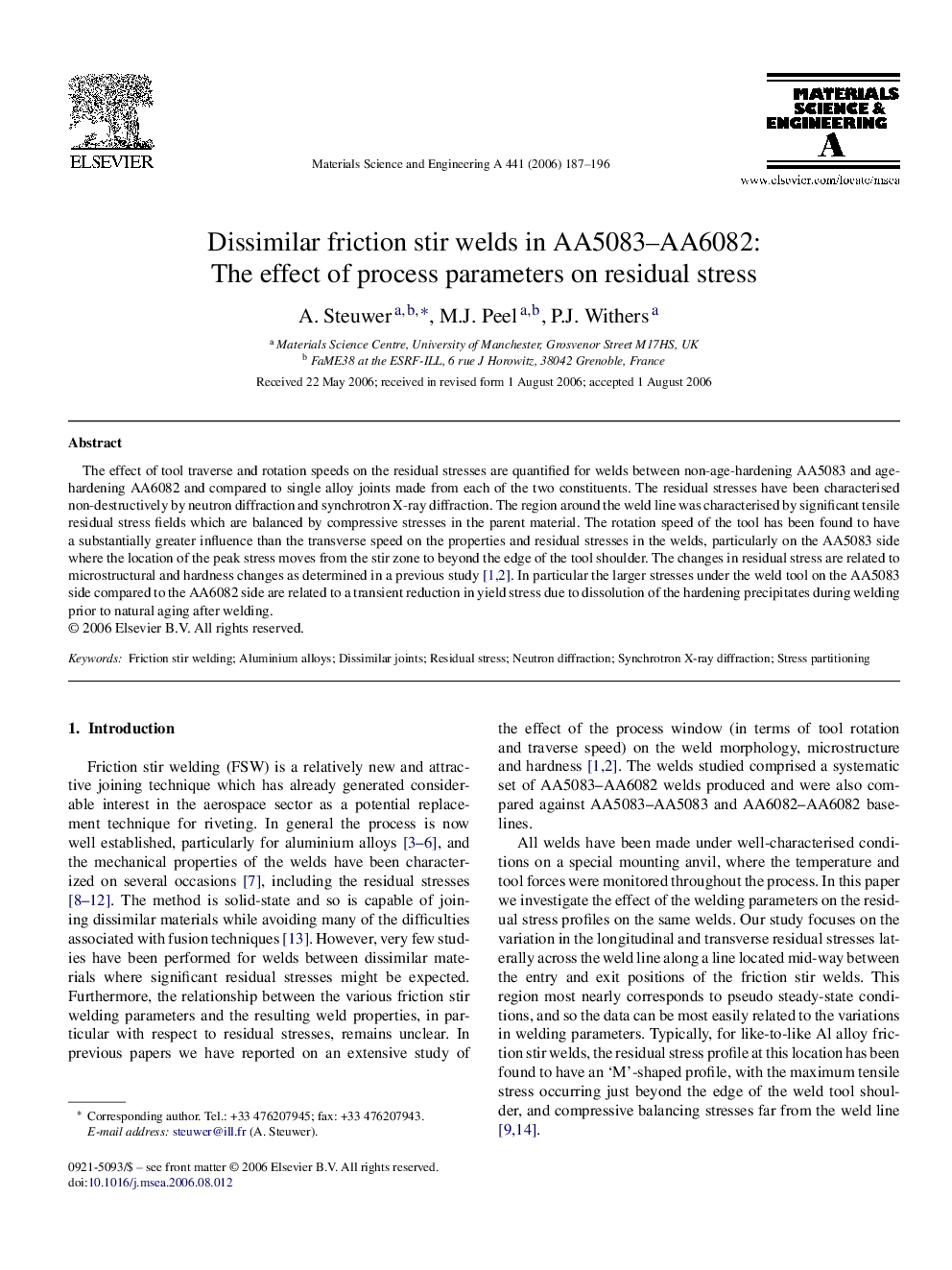 Dissimilar friction stir welds in AA5083–AA6082: The effect of process parameters on residual stress