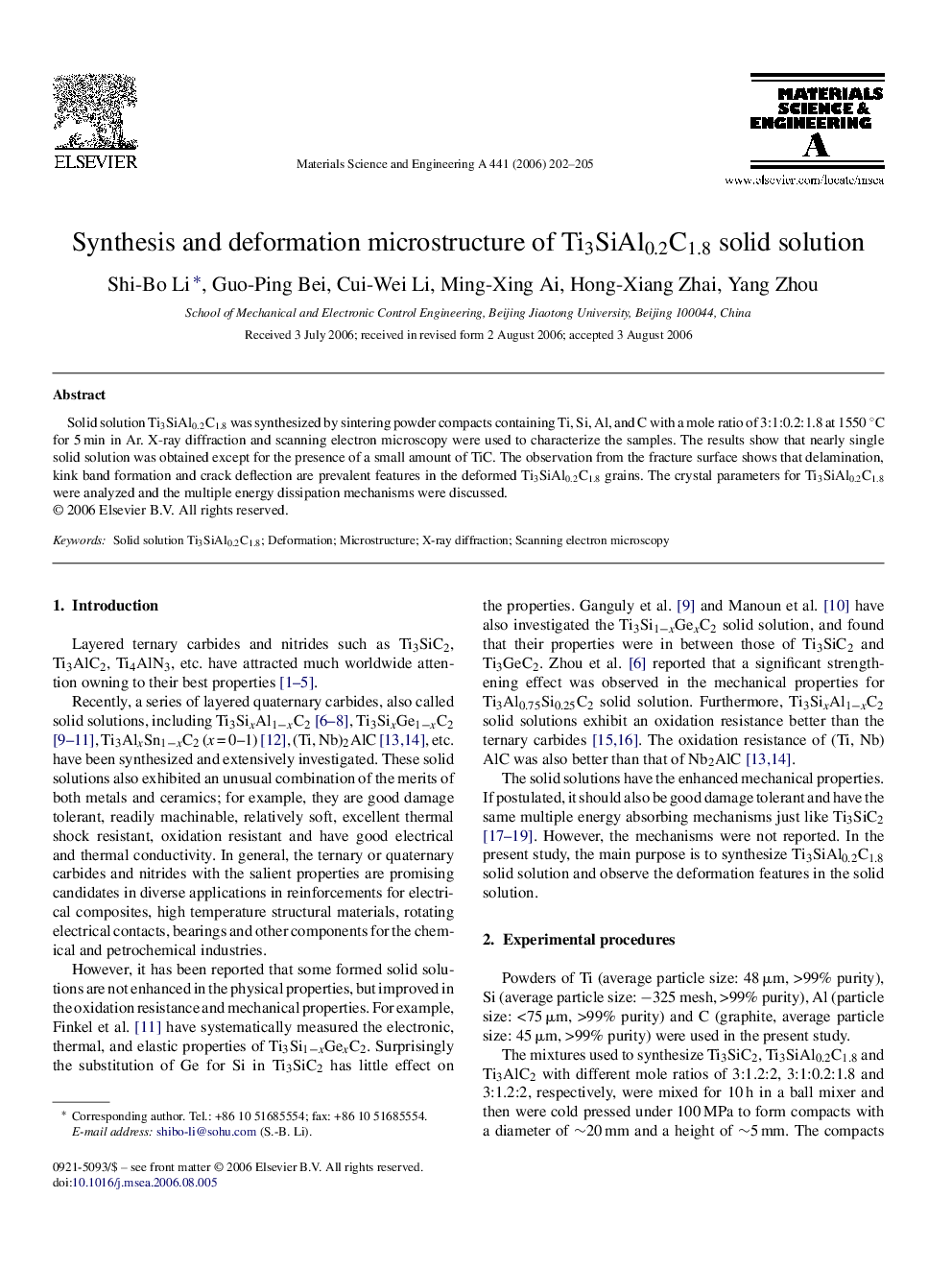 Synthesis and deformation microstructure of Ti3SiAl0.2C1.8 solid solution