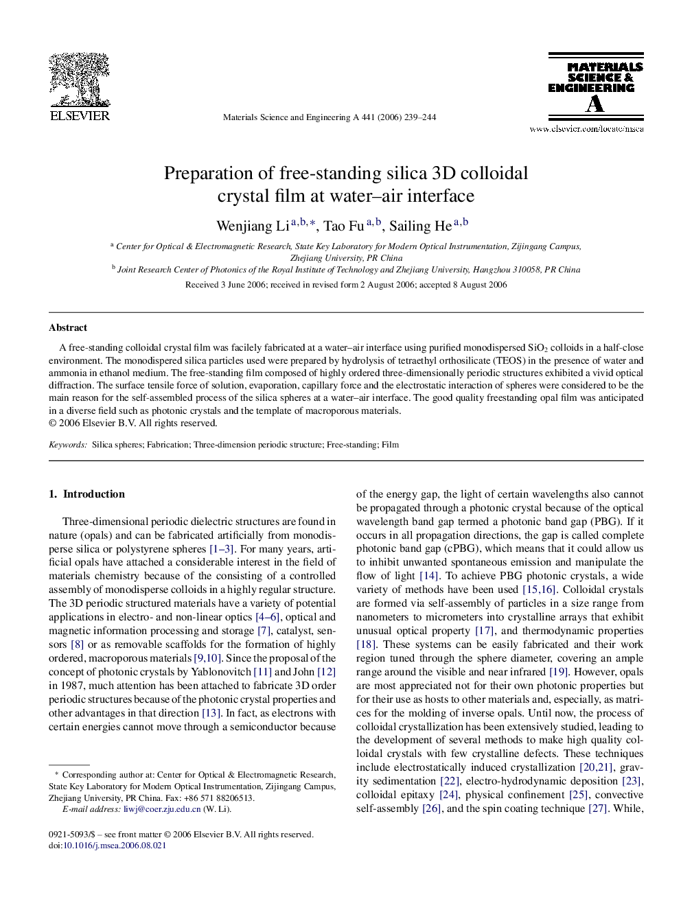 Preparation of free-standing silica 3D colloidal crystal film at water–air interface