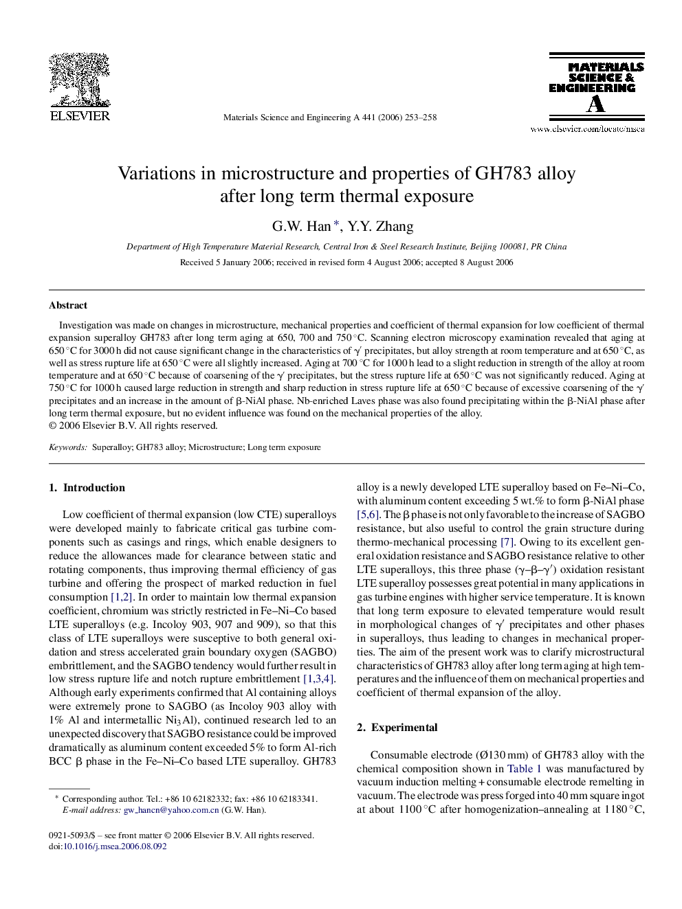 Variations in microstructure and properties of GH783 alloy after long term thermal exposure