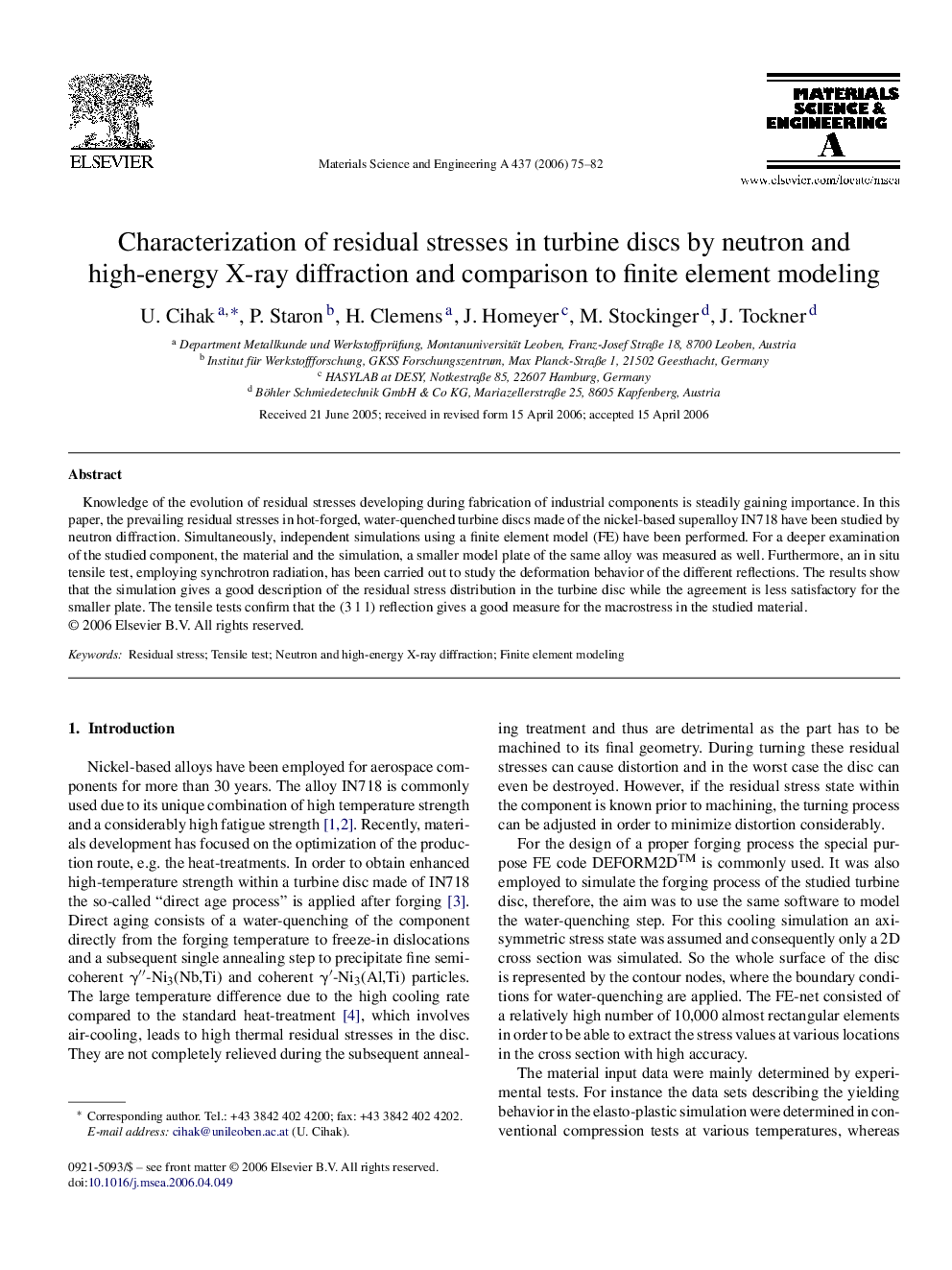 Characterization of residual stresses in turbine discs by neutron and high-energy X-ray diffraction and comparison to finite element modeling