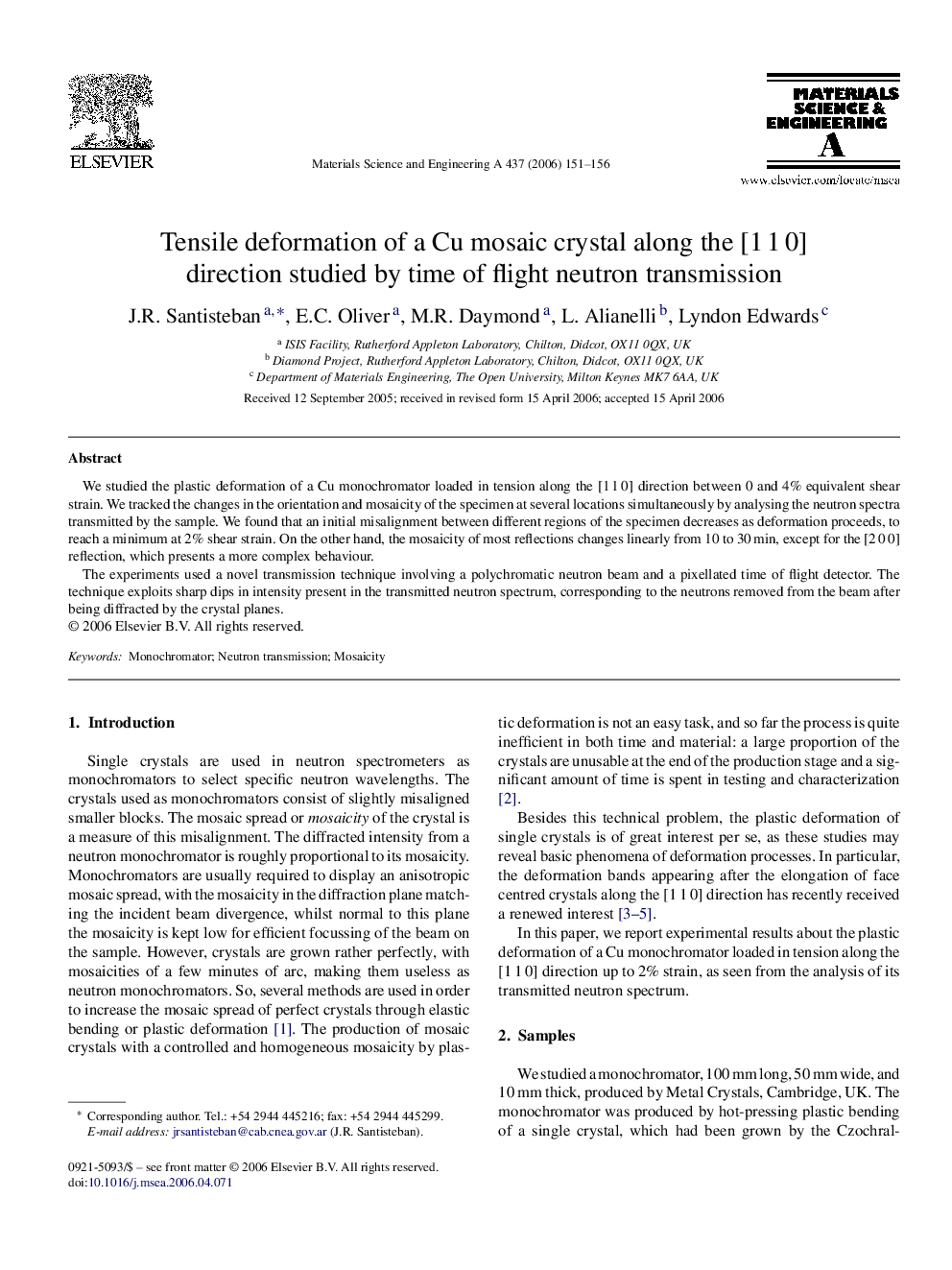 Tensile deformation of a Cu mosaic crystal along the [1 1 0] direction studied by time of flight neutron transmission