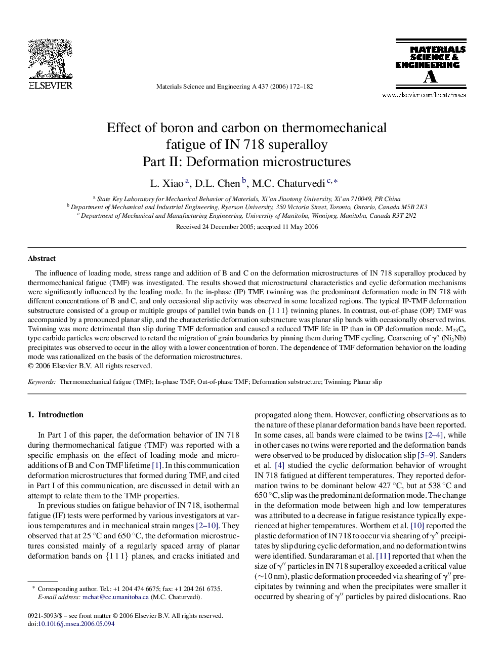 Effect of boron and carbon on thermomechanical fatigue of IN 718 superalloy