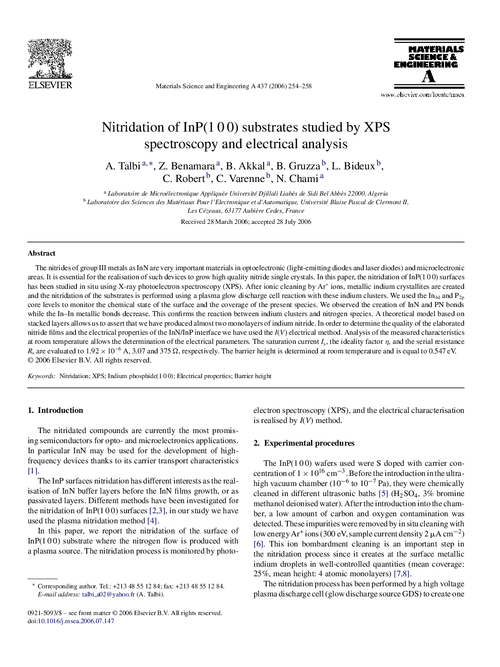 Nitridation of InP(1 0 0) substrates studied by XPS spectroscopy and electrical analysis