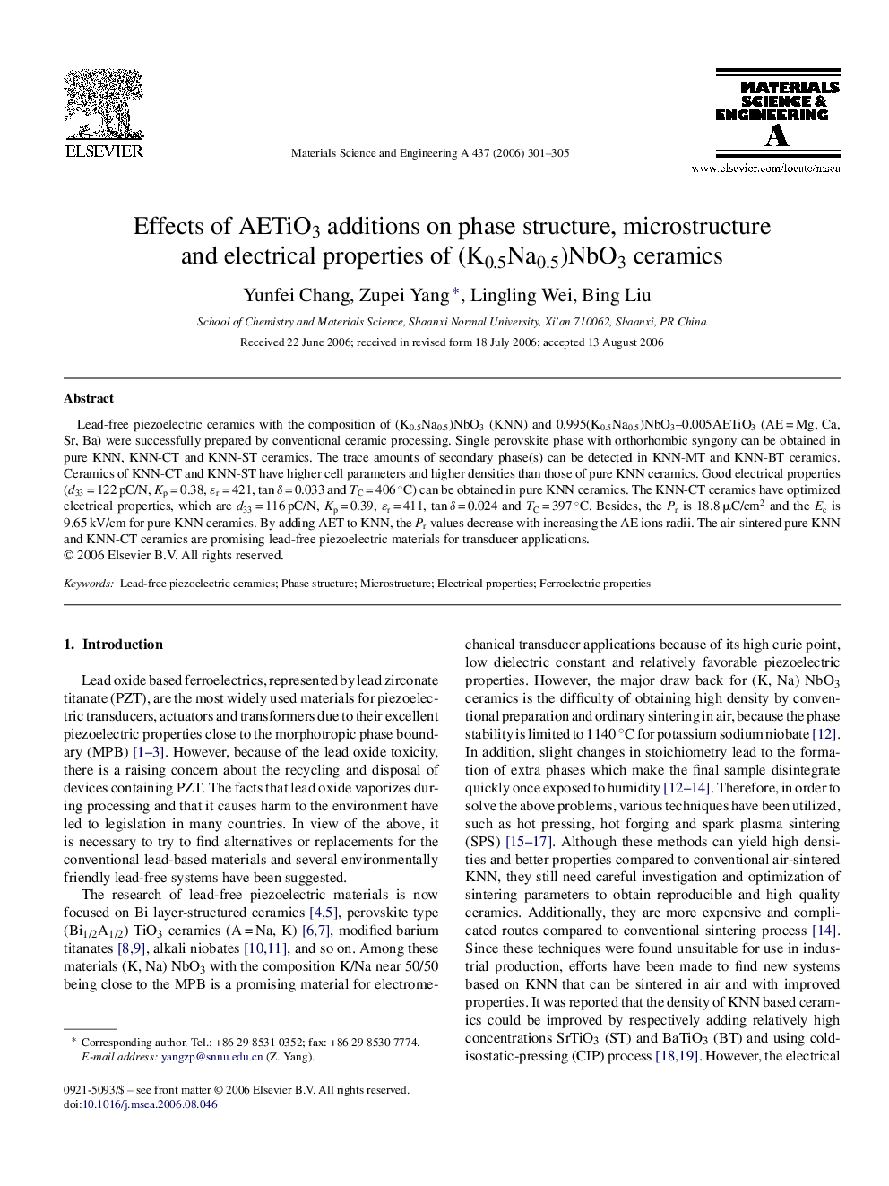 Effects of AETiO3 additions on phase structure, microstructure and electrical properties of (K0.5Na0.5)NbO3 ceramics