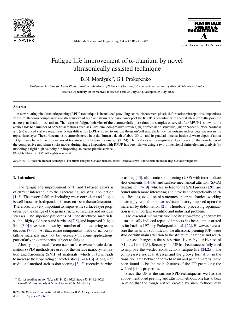 Fatigue life improvement of α-titanium by novel ultrasonically assisted technique